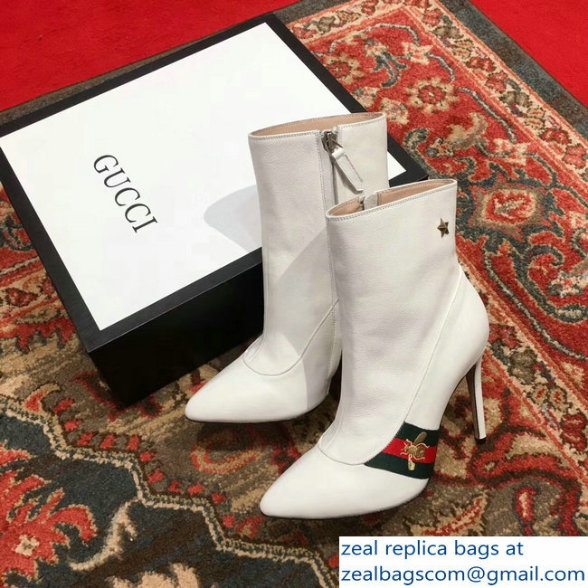 Gucci Heel 9cm Web Bee and Star Boots White 2018 - Click Image to Close