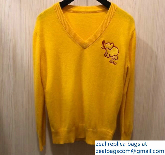Gucci Logo Elephant Print Sweater Yellow 2018 - Click Image to Close