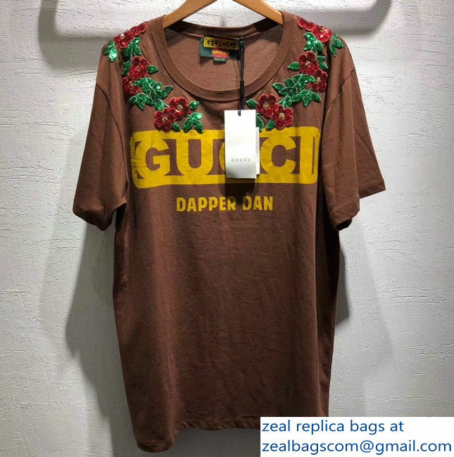 Gucci Oversize Gucci-Dapper Dan T-shirt Brown Sequin Embroidered Floral 2018 - Click Image to Close