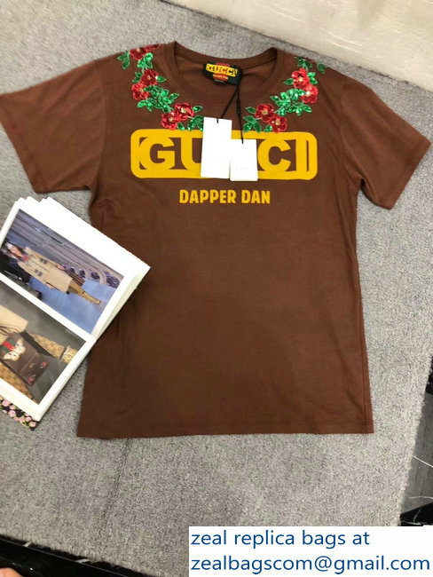 Gucci Oversize Gucci-Dapper Dan T-shirt Brown Sequin Embroidered Floral 2018