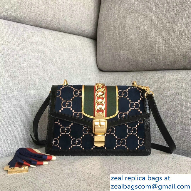 Gucci Sylvie Web GG Velvet Small Shoulder Bag 524405 Blue 2018