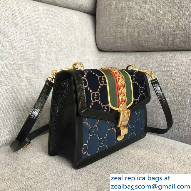 Gucci Sylvie Web GG Velvet Small Shoulder Bag 524405 Blue 2018 - Click Image to Close