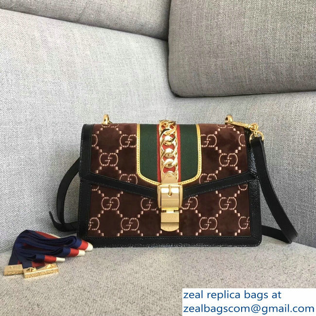 Gucci Sylvie Web GG Velvet Small Shoulder Bag 524405 Coffee 2018