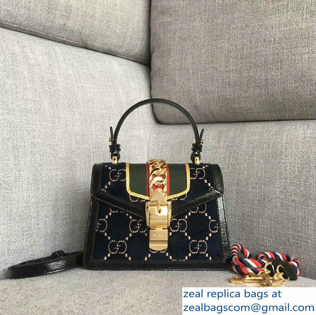 Gucci Sylvie Web GG Velvet Top Handle Shoulder Mini Bag 470270 Blue 2018