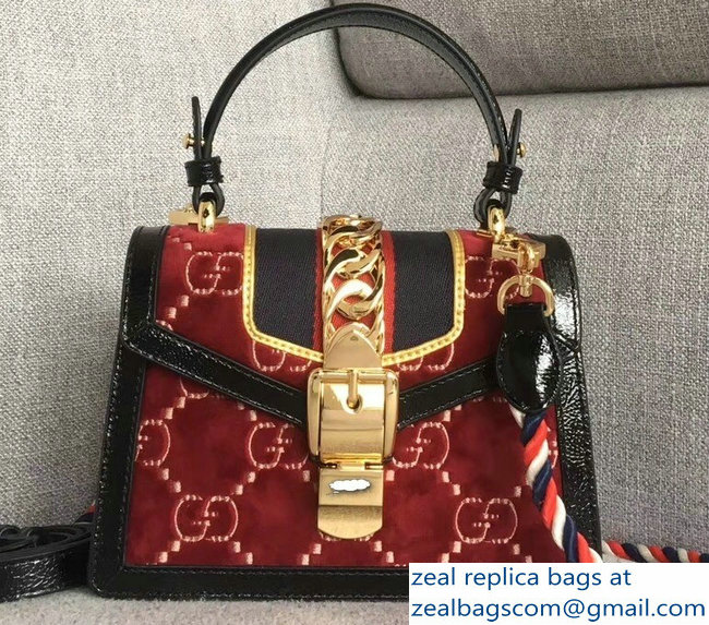 Gucci Sylvie Web GG Velvet Top Handle Shoulder Mini Bag 470270 Red 2018 - Click Image to Close