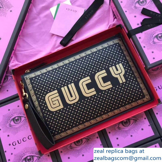 Gucci Gold Stars Guccy Leather Pouch Clutch Bag 510489 Black - Click Image to Close