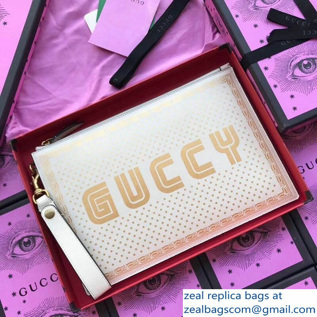 Gucci Gold Stars Guccy Leather Pouch Clutch Bag 510489 White