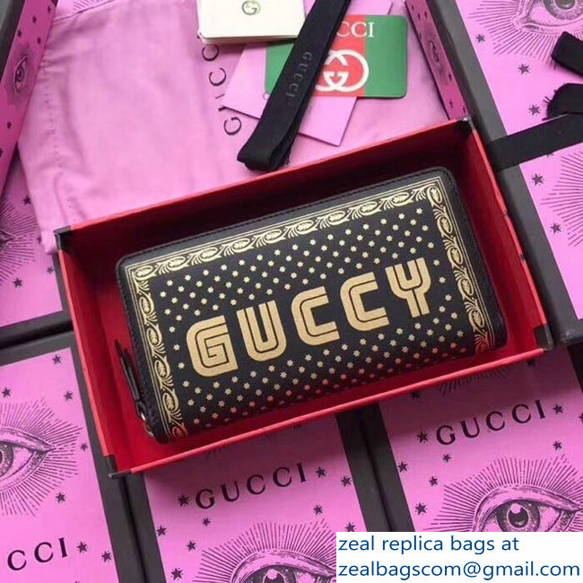 Gucci Gold Stars Guccy Leather Zip Around Wallet 510488 Black - Click Image to Close