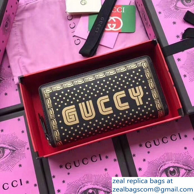 Gucci Gold Stars Guccy Leather Zip Around Wallet 510488 Black