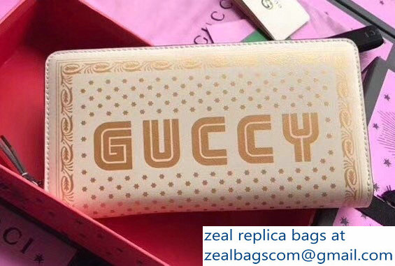 Gucci Gold Stars Guccy Leather Zip Around Wallet 510488 White