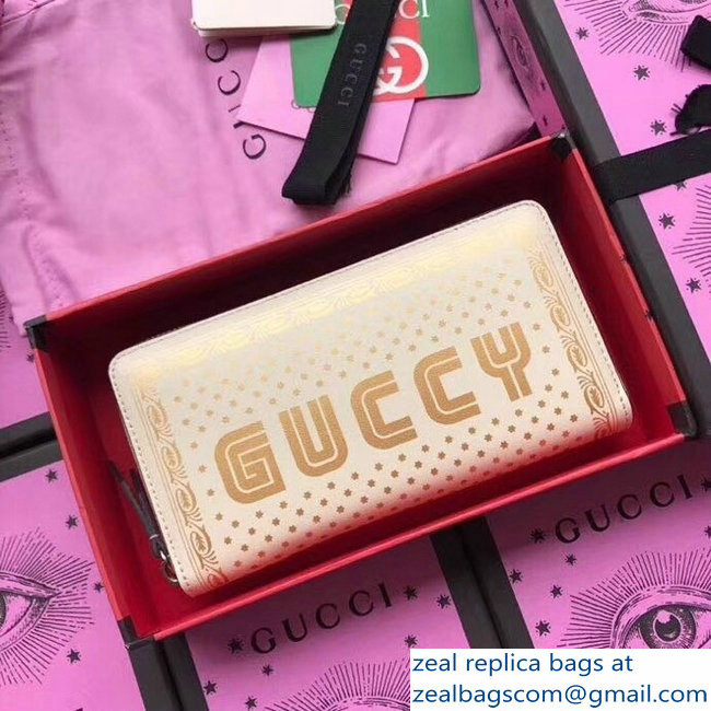 Gucci Gold Stars Guccy Leather Zip Around Wallet 510488 White - Click Image to Close