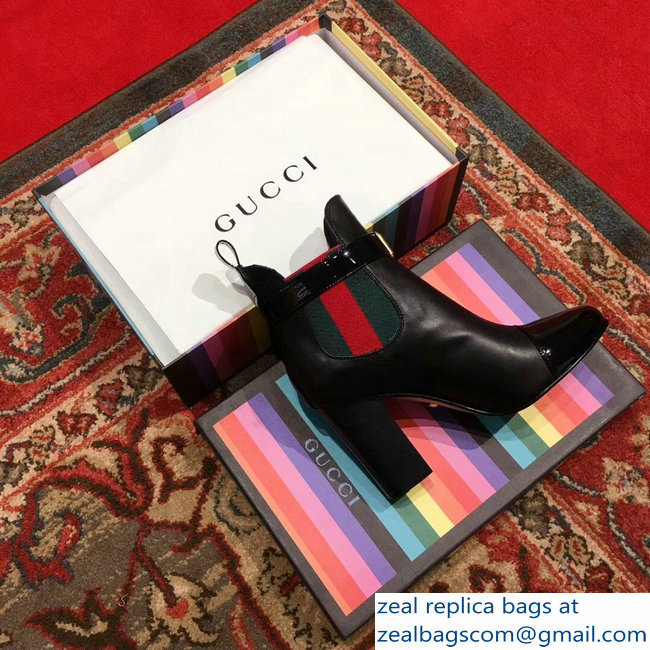 Gucci Heel 9cm Web Bee Ankle Boots with Belt Black 2018