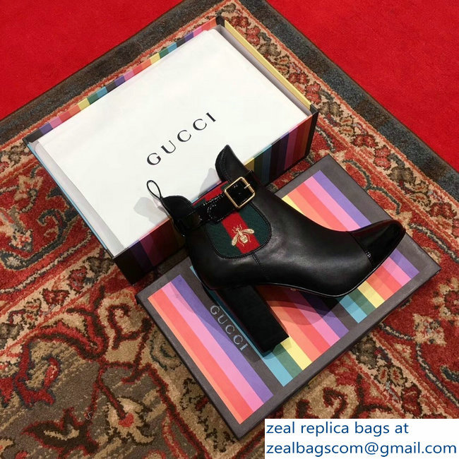 Gucci Heel 9cm Web Bee Ankle Boots with Belt Black 2018