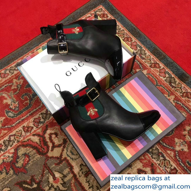 Gucci Heel 9cm Web Bee Ankle Boots with Belt Black 2018