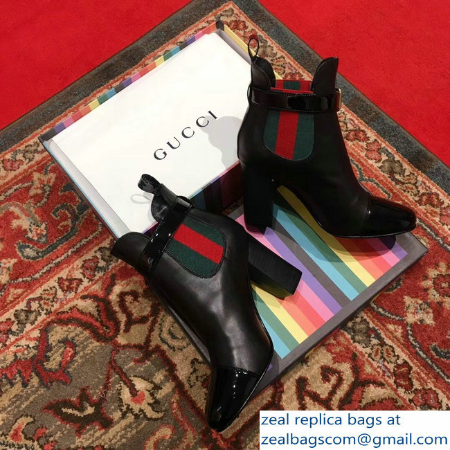 Gucci Heel 9cm Web Bee Ankle Boots with Belt Black 2018