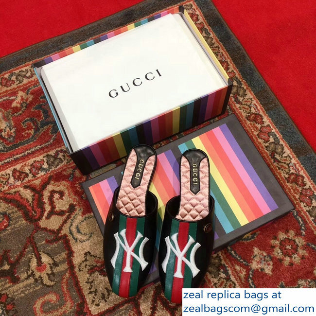 Gucci Leather Web Slipper with NY Yankees Patch 536794 Black 2018 - Click Image to Close