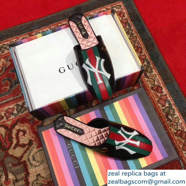 Gucci Leather Web Slipper with NY Yankees Patch 536794 Black 2018 - Click Image to Close