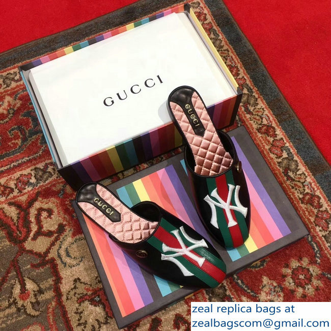 Gucci Leather Web Slipper with NY Yankees Patch 536794 Black 2018 - Click Image to Close