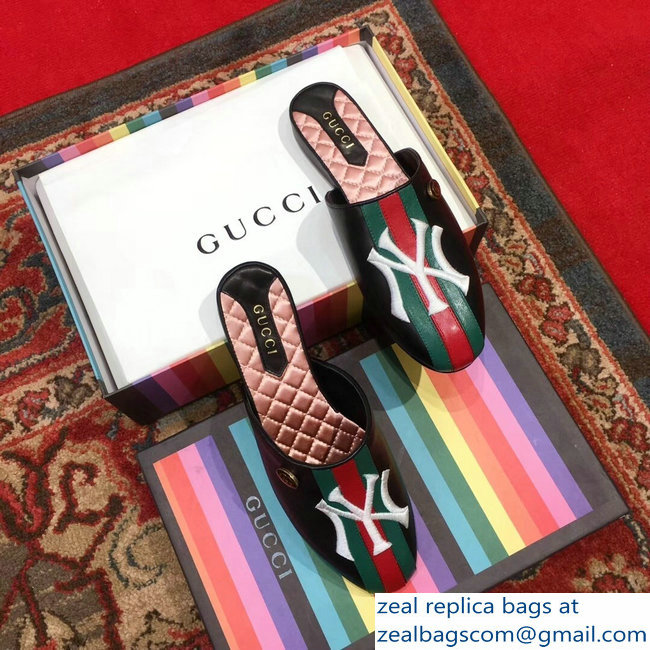 Gucci Leather Web Slipper with NY Yankees Patch 536794 Black 2018