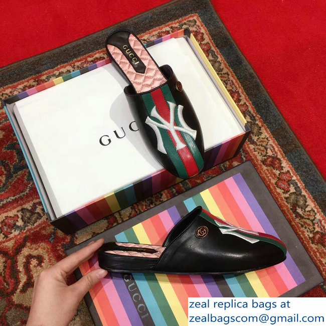 Gucci Leather Web Slipper with NY Yankees Patch 536794 Black 2018