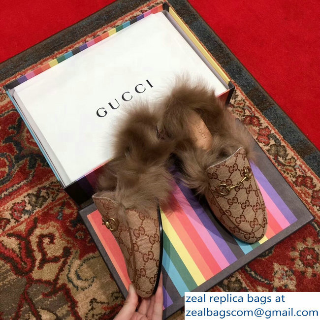 Gucci Princetown GG Canvas Fur Slipper