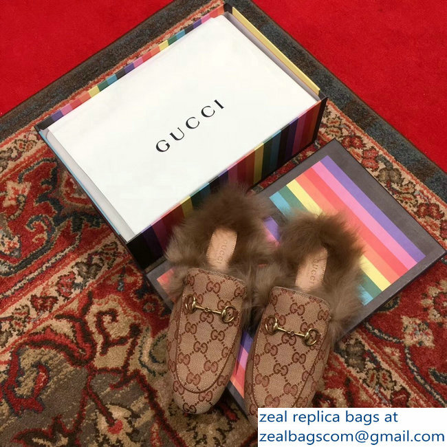 Gucci Princetown GG Canvas Fur Slipper