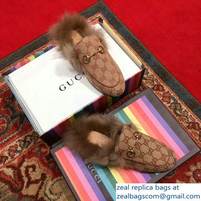 Gucci Princetown GG Canvas Fur Slipper