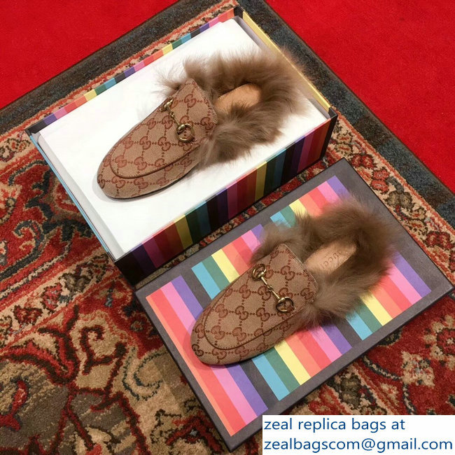 Gucci Princetown GG Canvas Fur Slipper