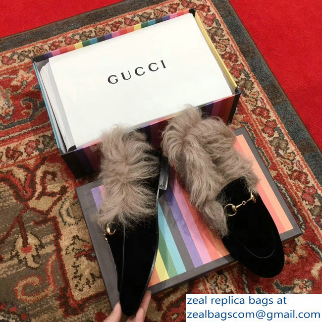 Gucci Princetown Jordaan Fur Wool Loafer 496626 Velvet Black 2018 - Click Image to Close