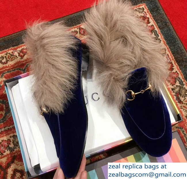 Gucci Princetown Jordaan Fur Wool Loafer 496626 Velvet Blue 2018 - Click Image to Close