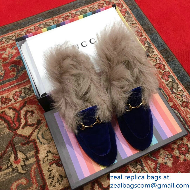 Gucci Princetown Jordaan Fur Wool Loafer 496626 Velvet Blue 2018