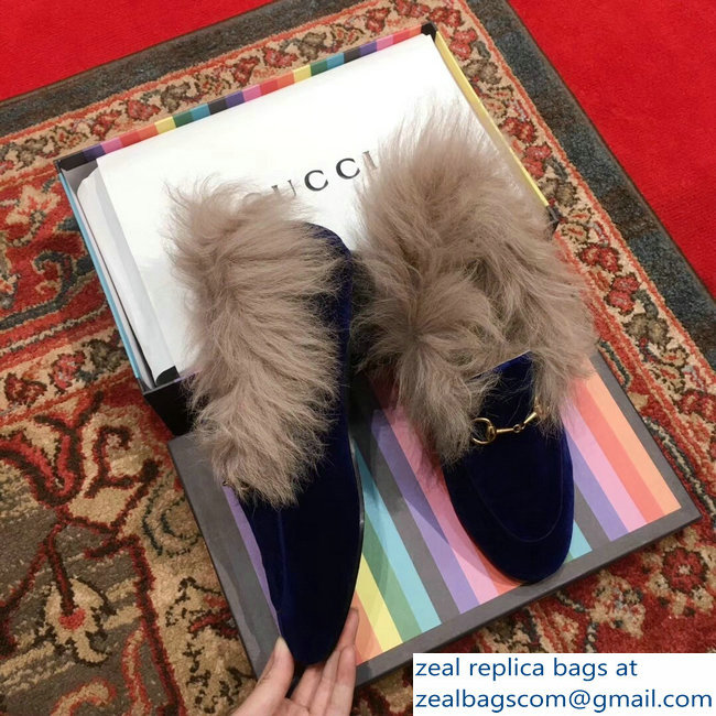 Gucci Princetown Jordaan Fur Wool Loafer 496626 Velvet Blue 2018