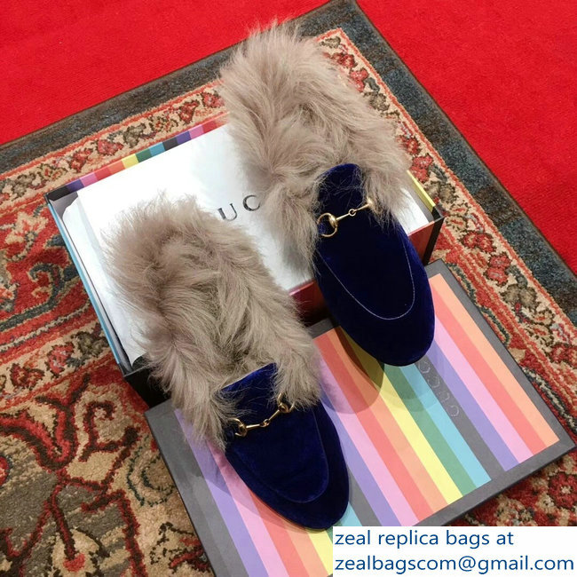 Gucci Princetown Jordaan Fur Wool Loafer 496626 Velvet Blue 2018