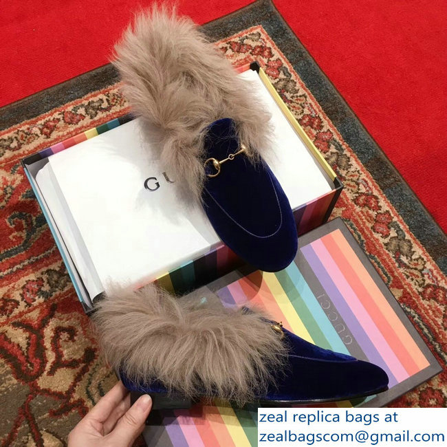 Gucci Princetown Jordaan Fur Wool Loafer 496626 Velvet Blue 2018