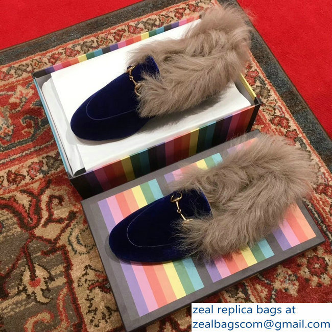 Gucci Princetown Jordaan Fur Wool Loafer 496626 Velvet Blue 2018 - Click Image to Close