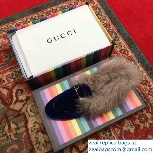 Gucci Princetown Jordaan Fur Wool Loafer 496626 Velvet Blue 2018