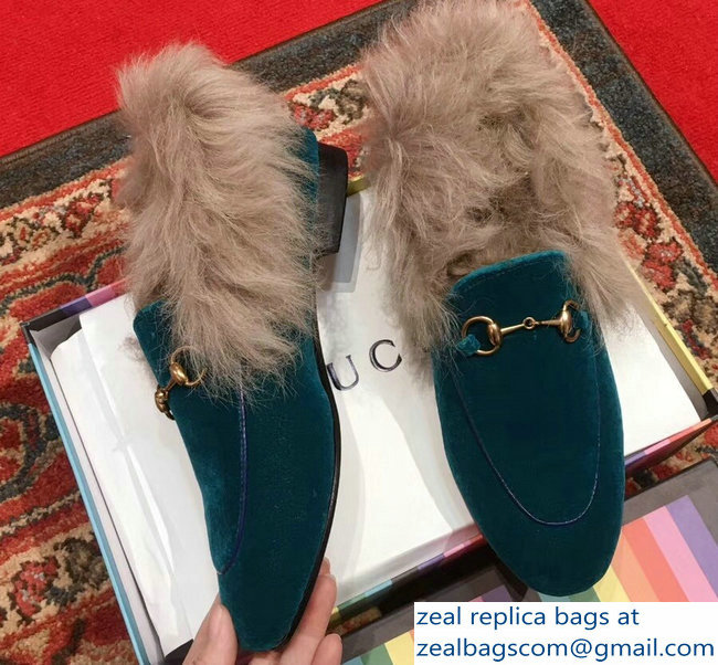 Gucci Princetown Jordaan Fur Wool Loafer 496626 Velvet Turquoise 2018 - Click Image to Close