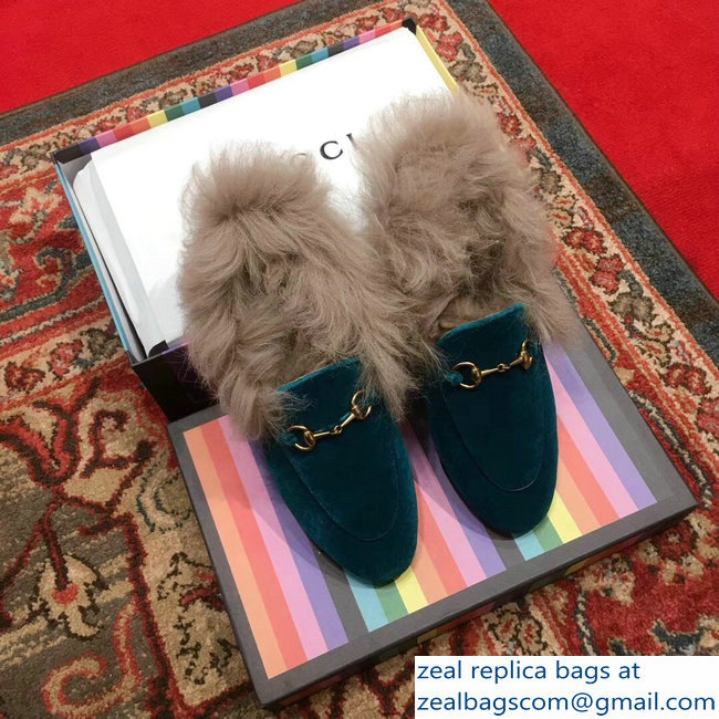 Gucci Princetown Jordaan Fur Wool Loafer 496626 Velvet Turquoise 2018 - Click Image to Close