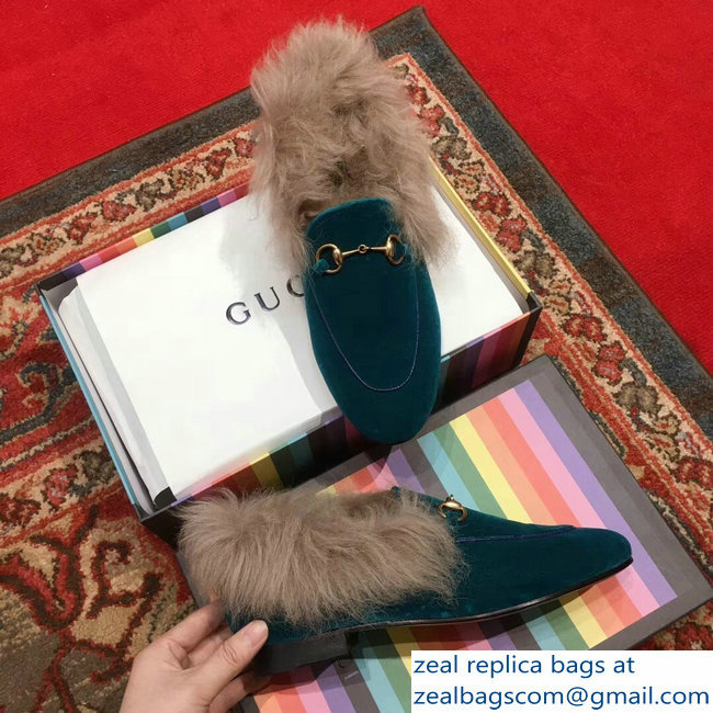 Gucci Princetown Jordaan Fur Wool Loafer 496626 Velvet Turquoise 2018 - Click Image to Close