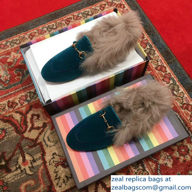 Gucci Princetown Jordaan Fur Wool Loafer 496626 Velvet Turquoise 2018 - Click Image to Close