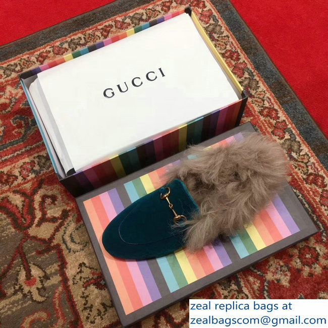 Gucci Princetown Jordaan Fur Wool Loafer 496626 Velvet Turquoise 2018 - Click Image to Close