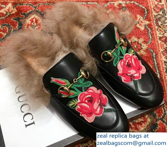 Gucci Princetown Leather Fur Slipper Black Flowers - Click Image to Close