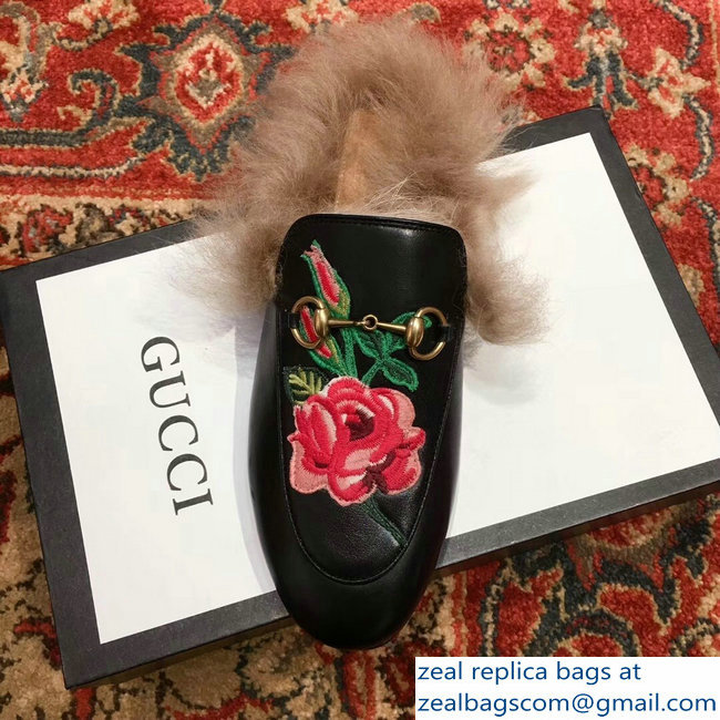 Gucci Princetown Leather Fur Slipper Black Flowers