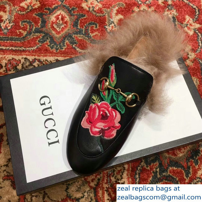 Gucci Princetown Leather Fur Slipper Black Flowers