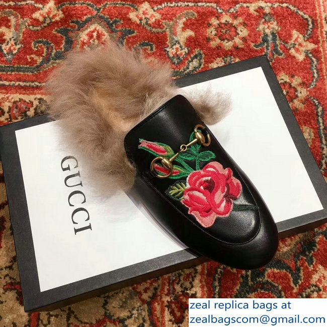 Gucci Princetown Leather Fur Slipper Black Flowers - Click Image to Close