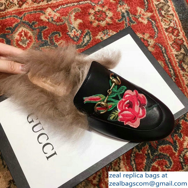 Gucci Princetown Leather Fur Slipper Black Flowers - Click Image to Close