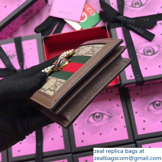 Gucci Queen Margaret Metal Pearls Bee Web GG Card Case 476072 Coffee