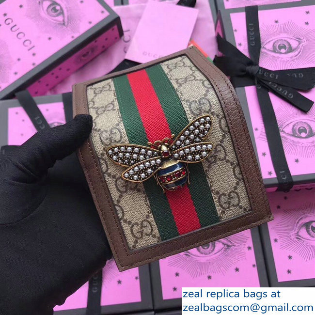 Gucci Queen Margaret Metal Pearls Bee Web GG Card Case 476072 Coffee - Click Image to Close