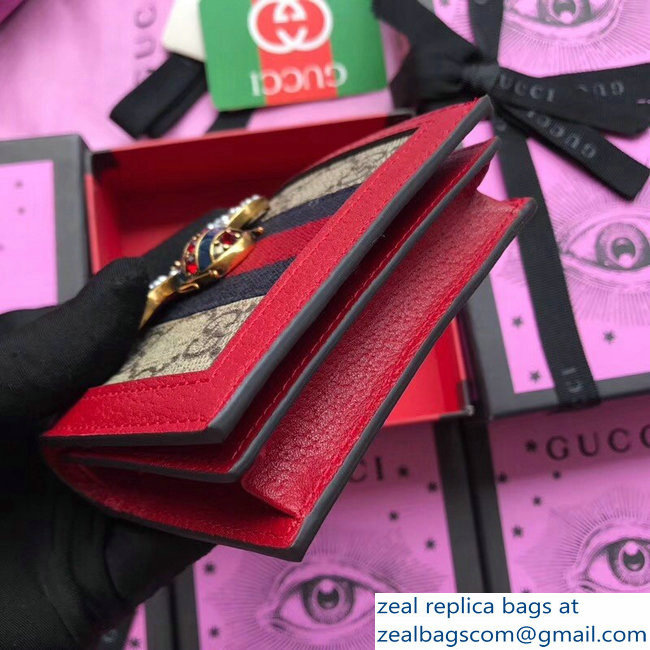 Gucci Queen Margaret Metal Pearls Bee Web GG Card Case 476072 Red - Click Image to Close