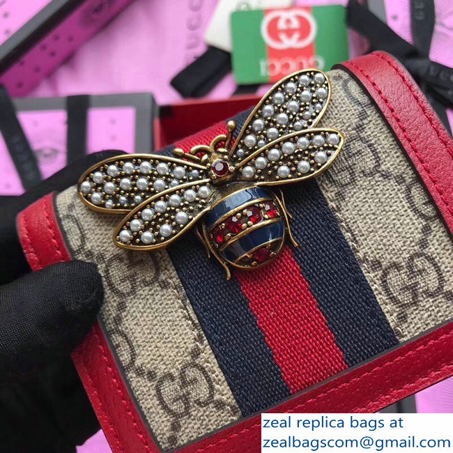 Gucci Queen Margaret Metal Pearls Bee Web GG Card Case 476072 Red - Click Image to Close